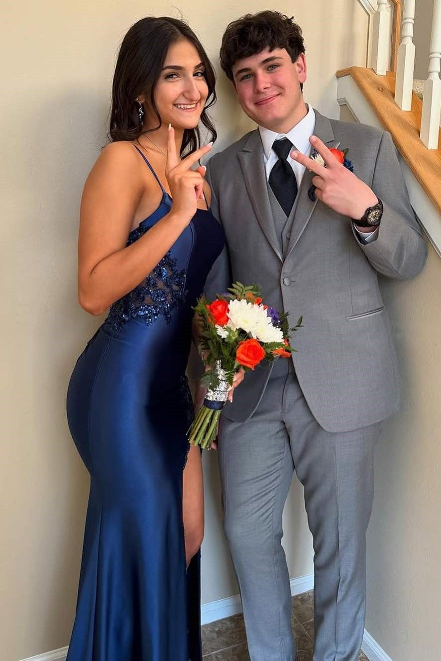 Blue Spaghetti Straps Lace Appliques Mermaid Satin Party Prom Dress