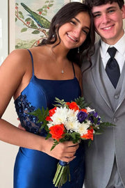 Blue Spaghetti Straps Lace Appliques Mermaid Satin Party Prom Dress