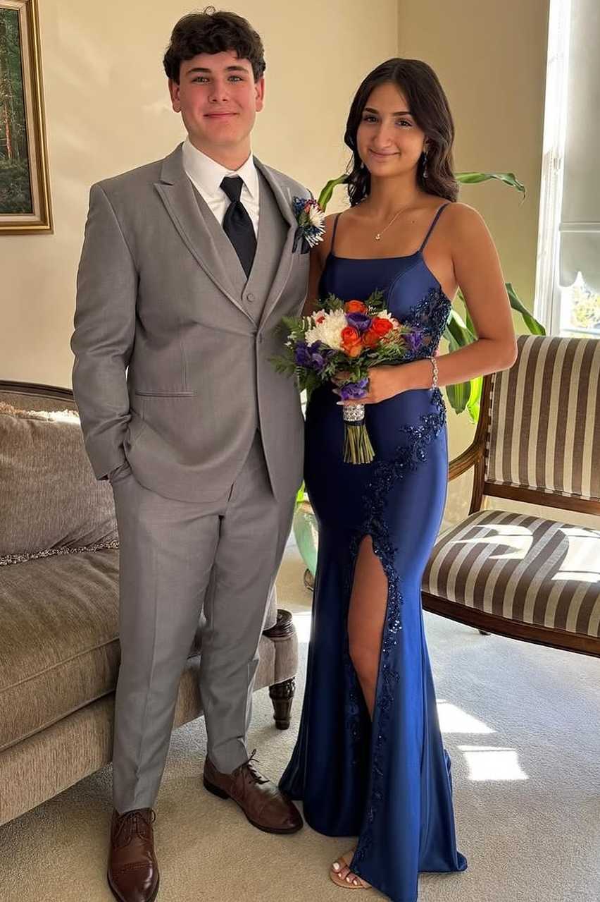 Blue Spaghetti Straps Lace Appliques Mermaid Satin Party Prom Dress