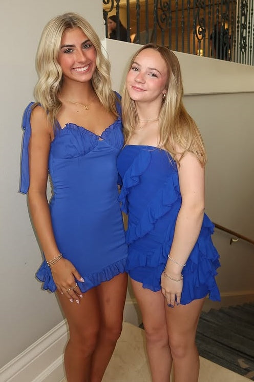Blue Sweetheart Bow Straps Fitted Ruffle Homecoming Dress