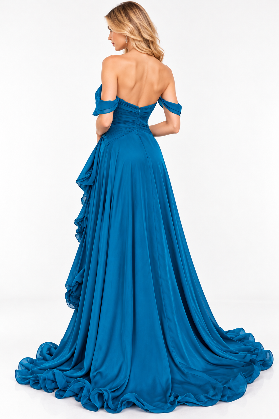 Blue Sweetheart Off-Shoulder Chiffon A-Line Ruffle Party Prom Dress