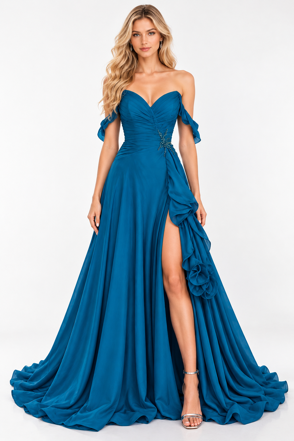 Blue Sweetheart Off-Shoulder Chiffon A-Line Ruffle Party Prom Dress