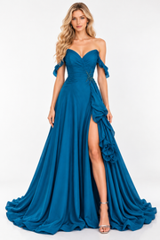 Blue Sweetheart Off-Shoulder Chiffon A-Line Ruffle Party Prom Dress
