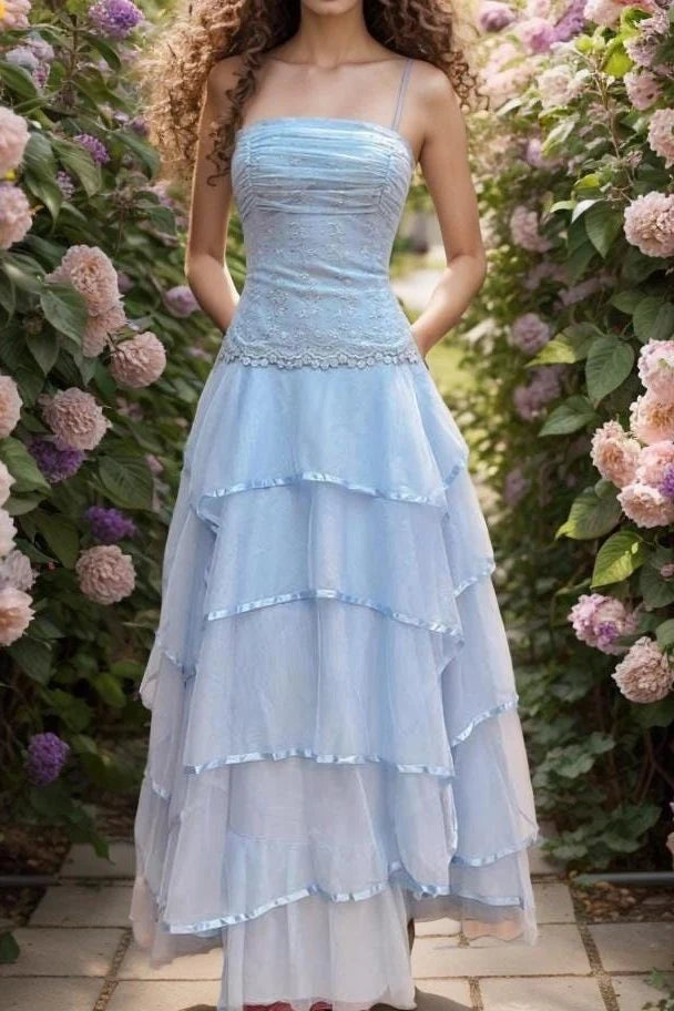 Blue Tiered A-Line Spaghetti Straps Lace-Up Party Prom Dress