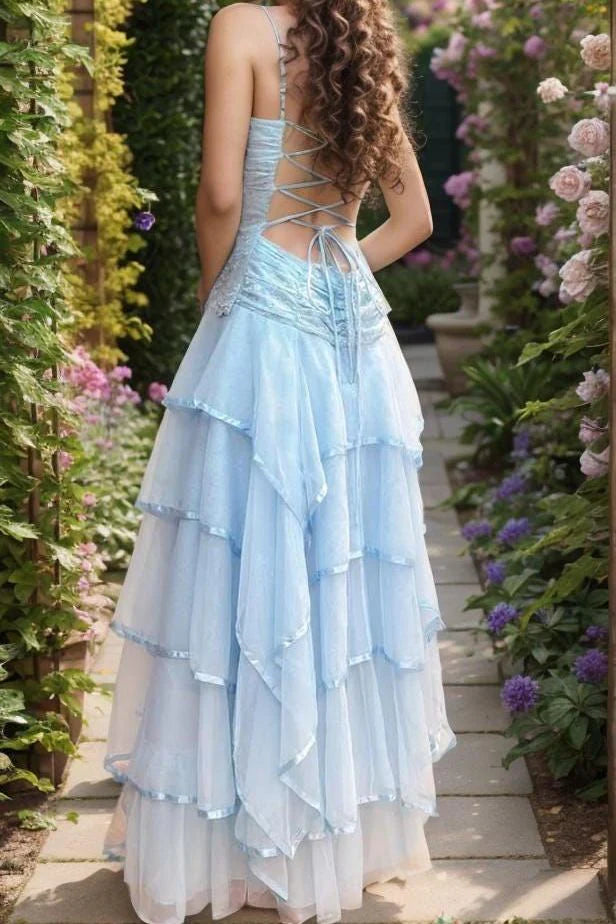 Blue Tiered A-Line Spaghetti Straps Lace-Up Party Prom Dress