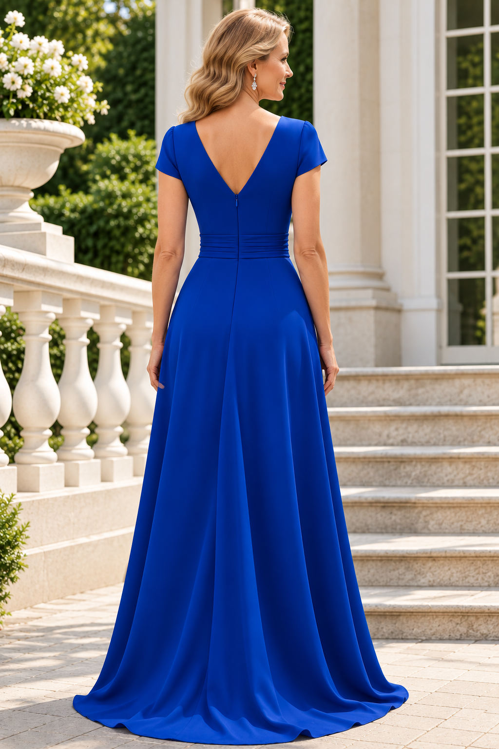 Blue V-Neck Cap Sleeves A-Line Satin Mothe Of The Bride Dress