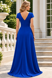 Blue V-Neck Cap Sleeves A-Line Satin Mothe Of The Bride Dress 