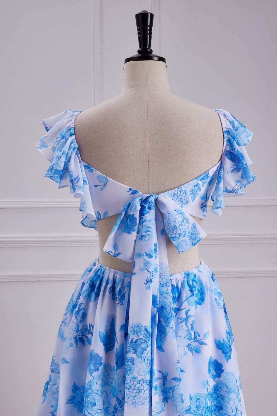 Blue Floral Flutter Sleeves A-line Layers Bow Tie Long Bridesmaid Dress Close Shot Back Shot