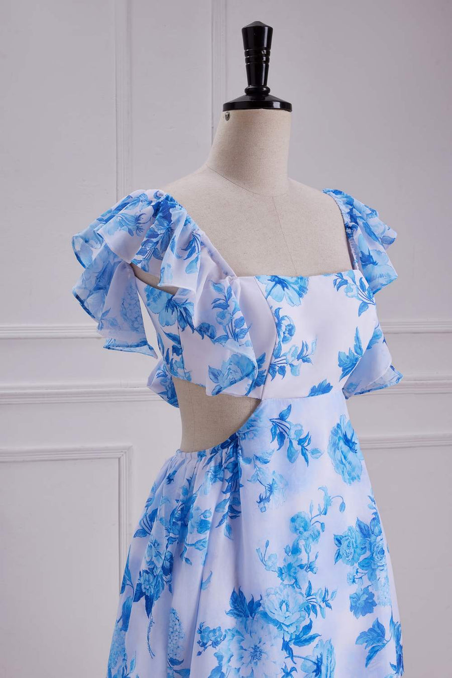 Blue Floral Flutter Sleeves A-line Layers Bow Tie Long Bridesmaid Dres | Joyofdress Blue Floral Flutter Sleeves A-line Layers Bow Tie Long Bridesmaid Dres | Joyofdress