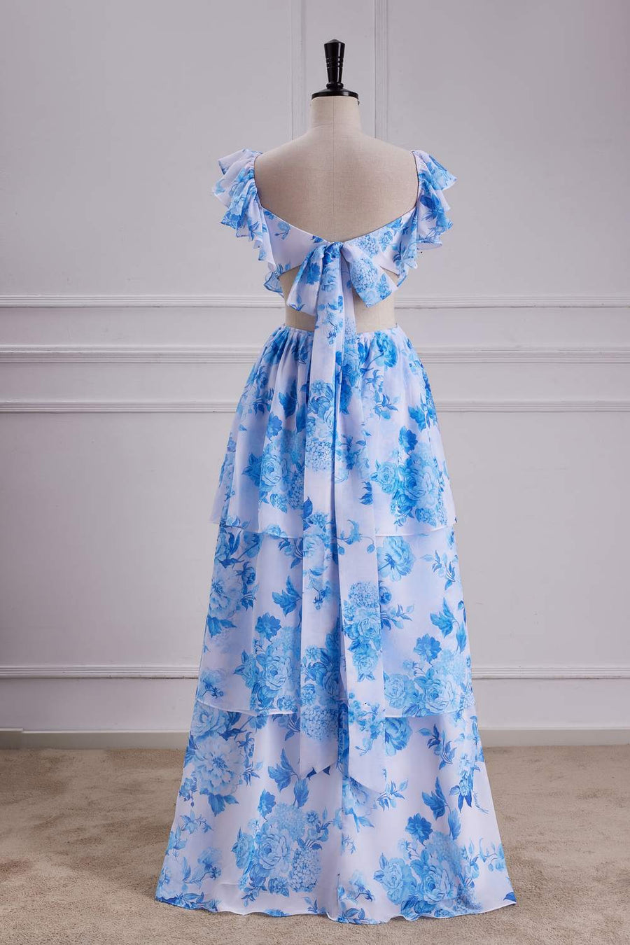 Blue Floral Flutter Sleeves A-line Layers Bow Tie Long Bridesmaid Dress Custom Color / US 16