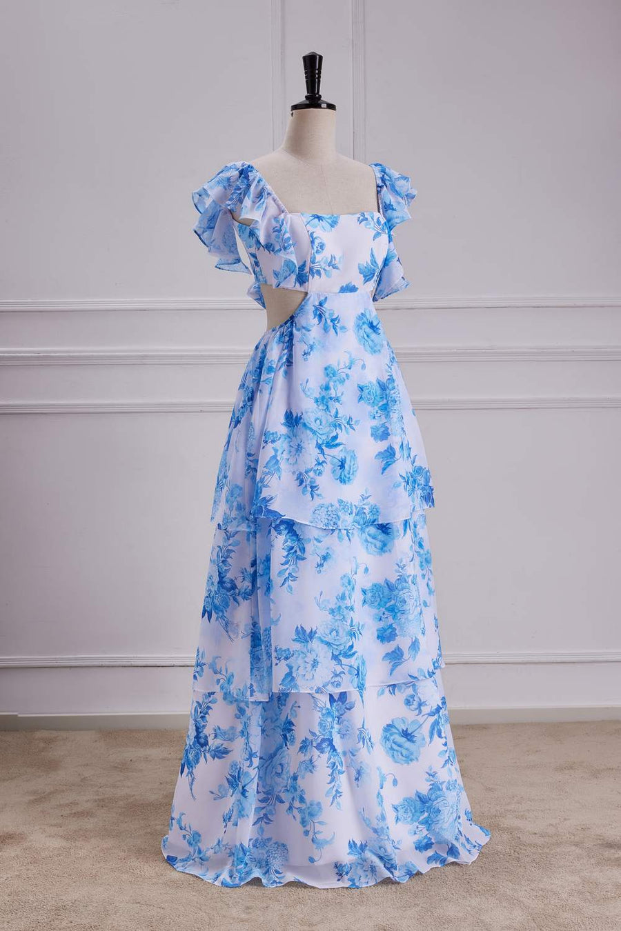 Blue Floral Flutter Sleeves A-line Layers Bow Tie Long Bridesmaid Dress Full Shot Left Facing