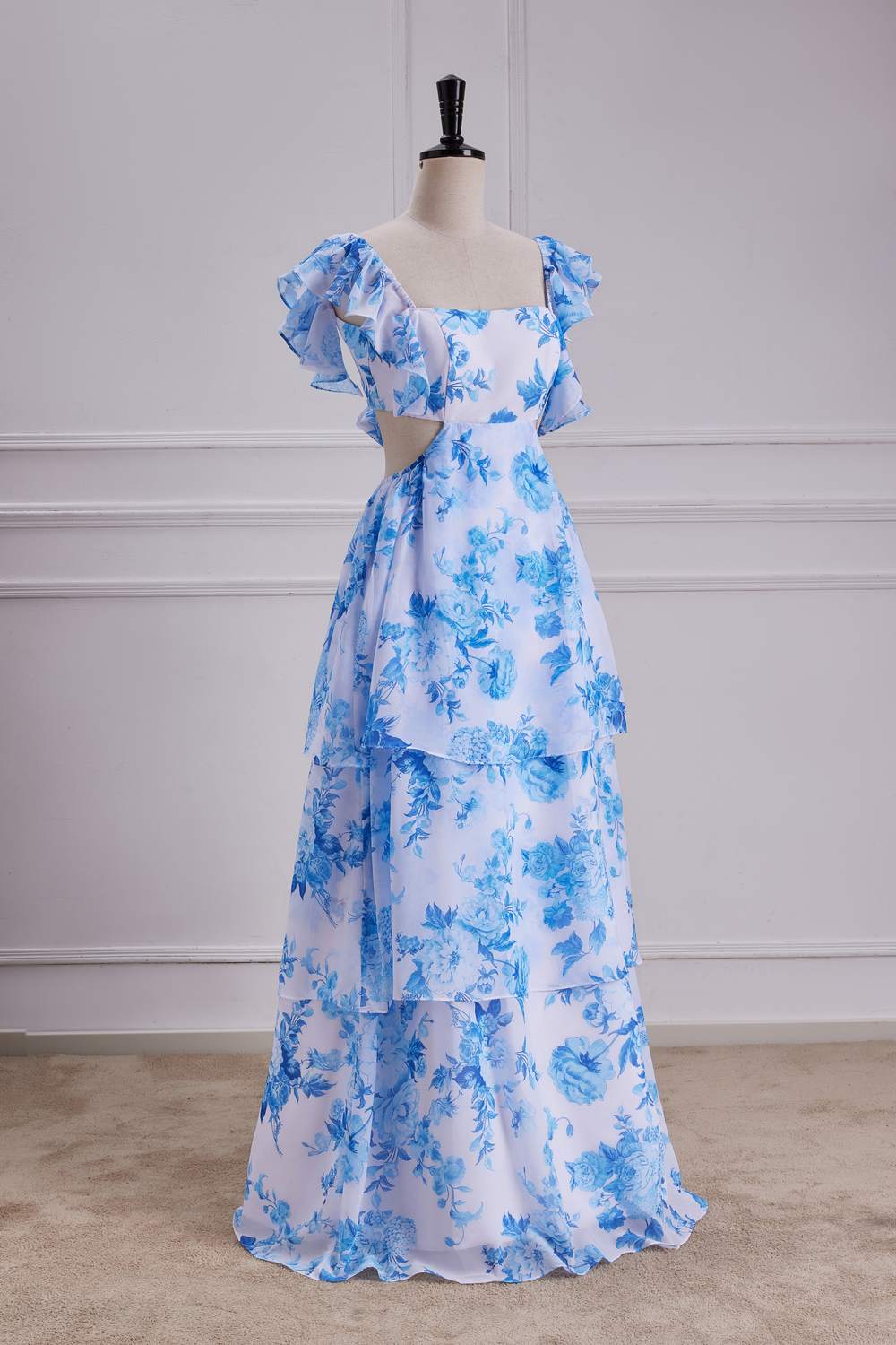 Blue Floral Flutter Sleeves A-line Layers Bow Tie Long Bridesmaid Dress Custom Color / US 16 Blue Floral Flutter Sleeves A-line Layers Bow Tie Long Bridesmaid Dress Custom Color / US 16