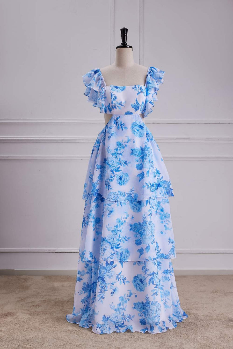 Blue Floral Flutter Sleeves A-line Layers Bow Tie Long Bridesmaid Dress Custom Color / US 16
