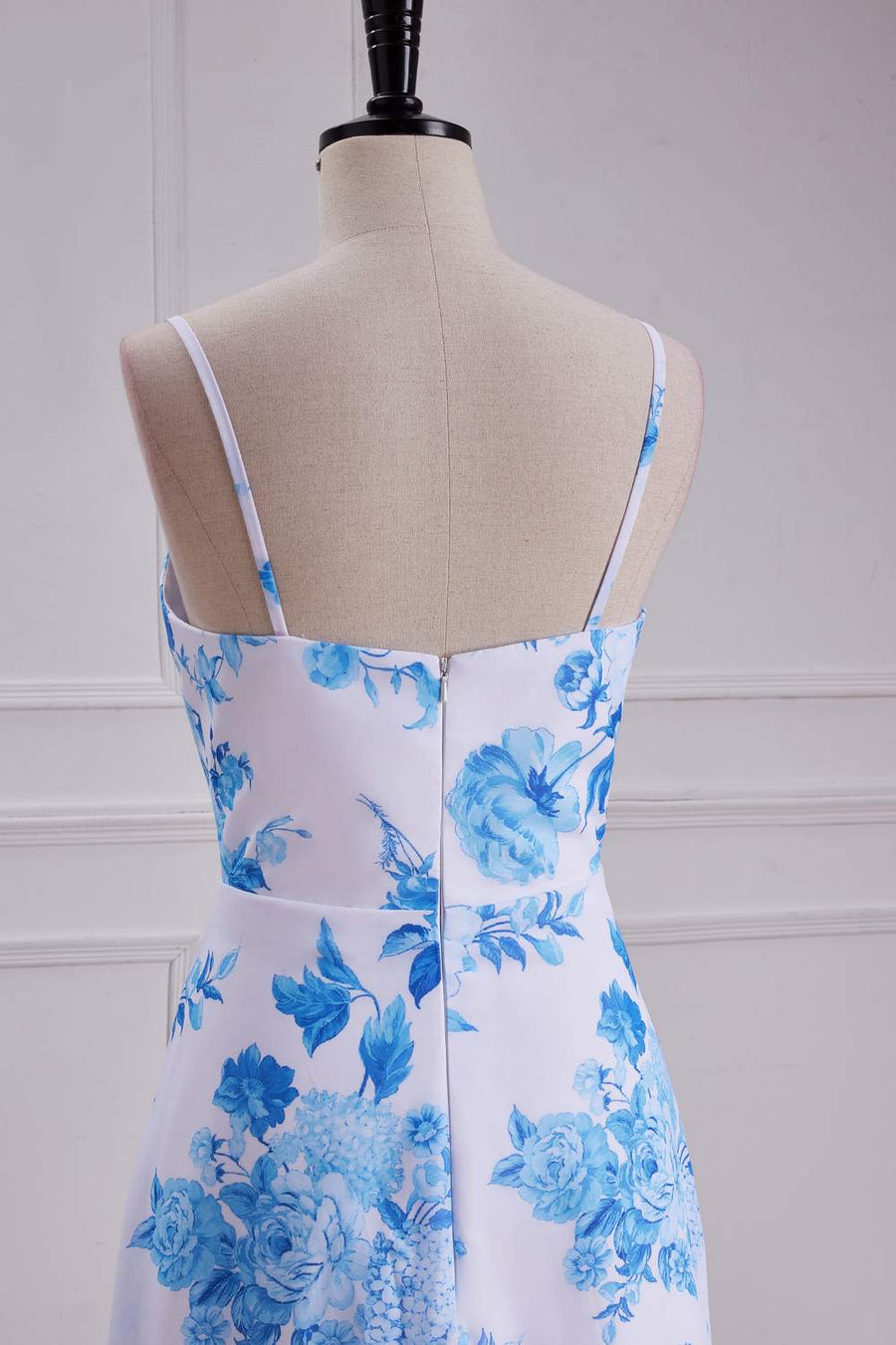 Blue Floral Spaghetti Straps A-line Long Bridesmaid Dress back side close up shot
