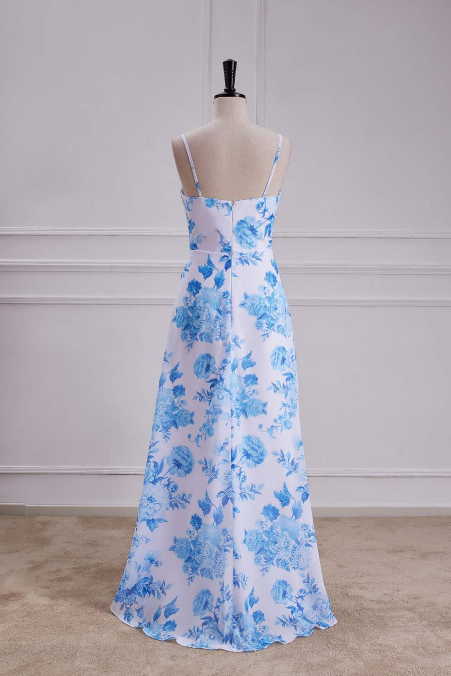 Blue Floral Spaghetti Straps A-Line Long Bridesmaid Dress Blue / US 14 Blue Floral Spaghetti Straps A-Line Long Bridesmaid Dress Blue / US 14