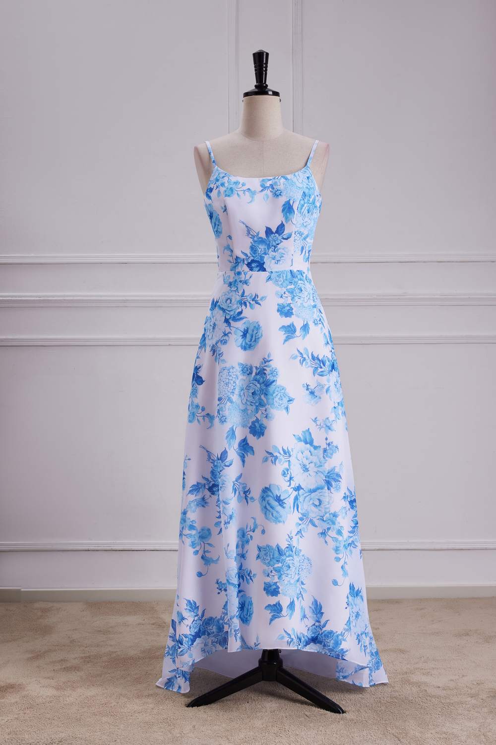 Blue Floral Spaghetti Straps A-line Long Bridesmaid Dress full shot front side
