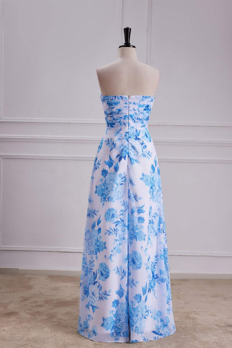 Blue Floral Strapless A-line Long Bridesmaid Dress Blue / US 12