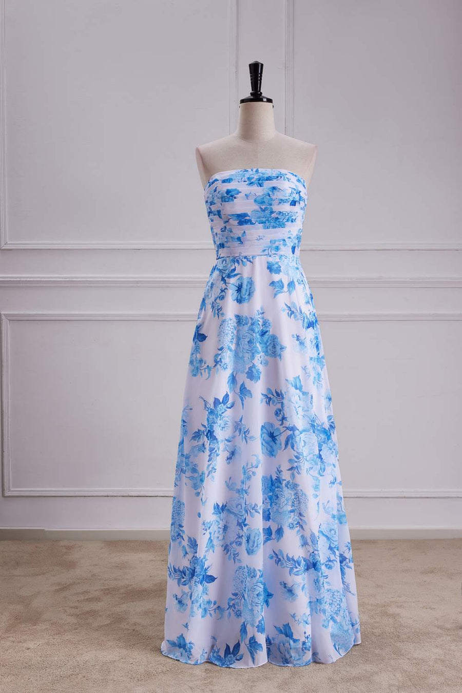 Blue Floral Strapless A-line Long Bridesmaid Dress front side full shot
