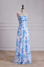 Blue Floral Strapless A-line Long Bridesmaid Dress left facing front side full shot