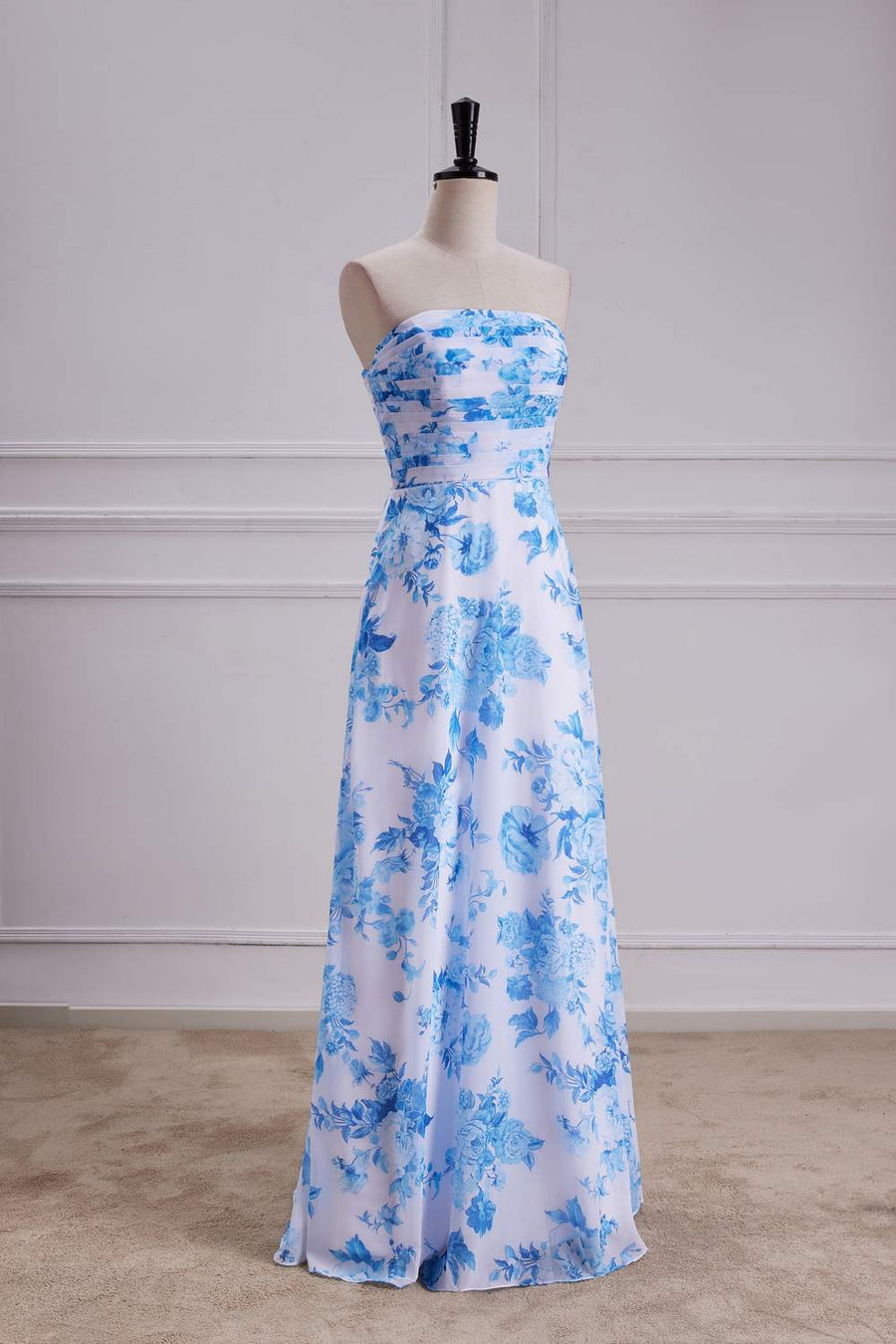 Blue Floral Strapless A-line Long Bridesmaid Dress left facing front side full shot