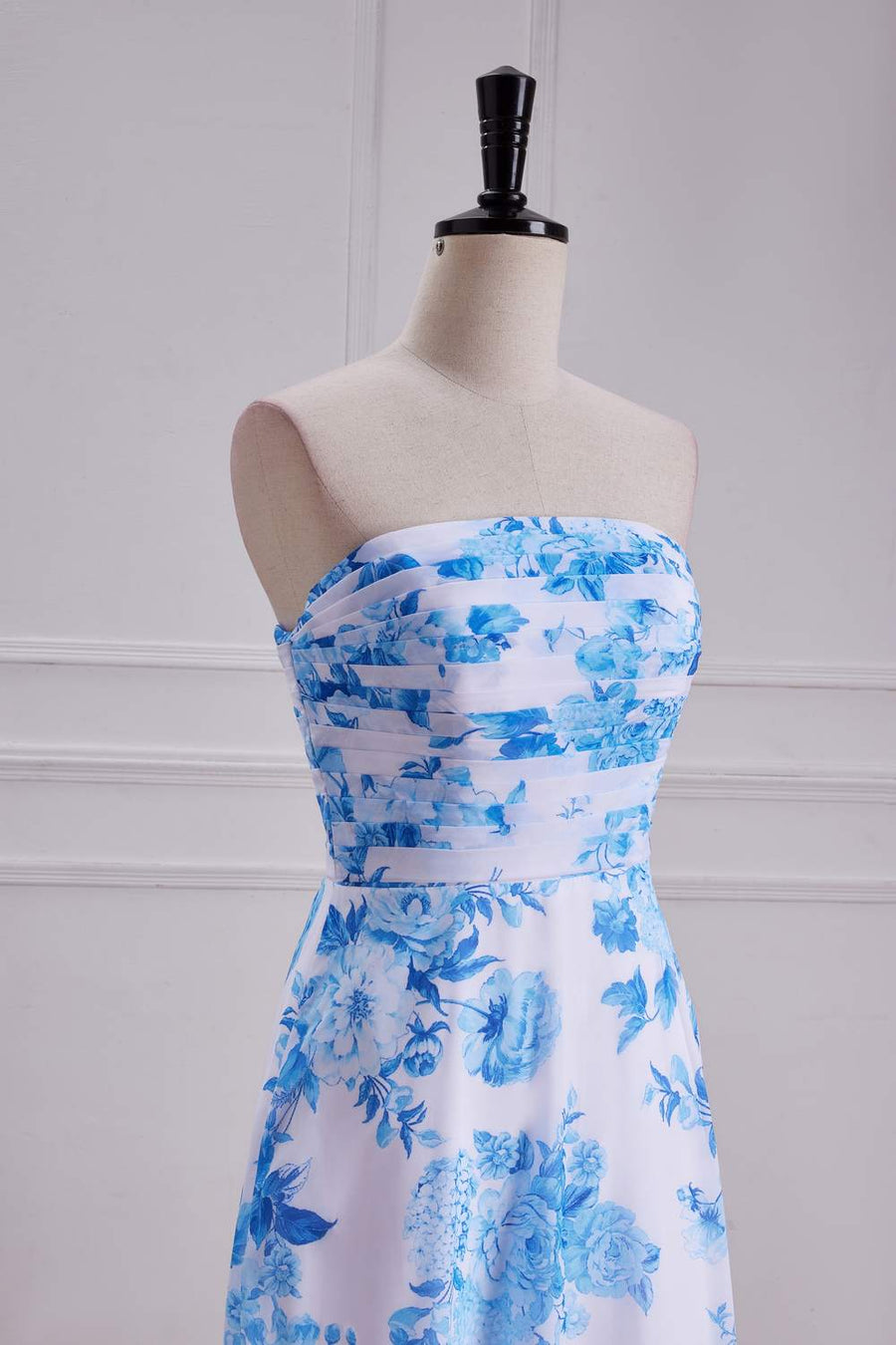 Blue Floral Strapless A-line Long Bridesmaid Dress left side front closeup shot