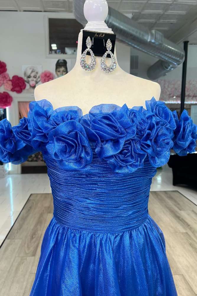 Blue Off the Shoulder 3D Floral A-Line Long Prom Dress front closeup shot