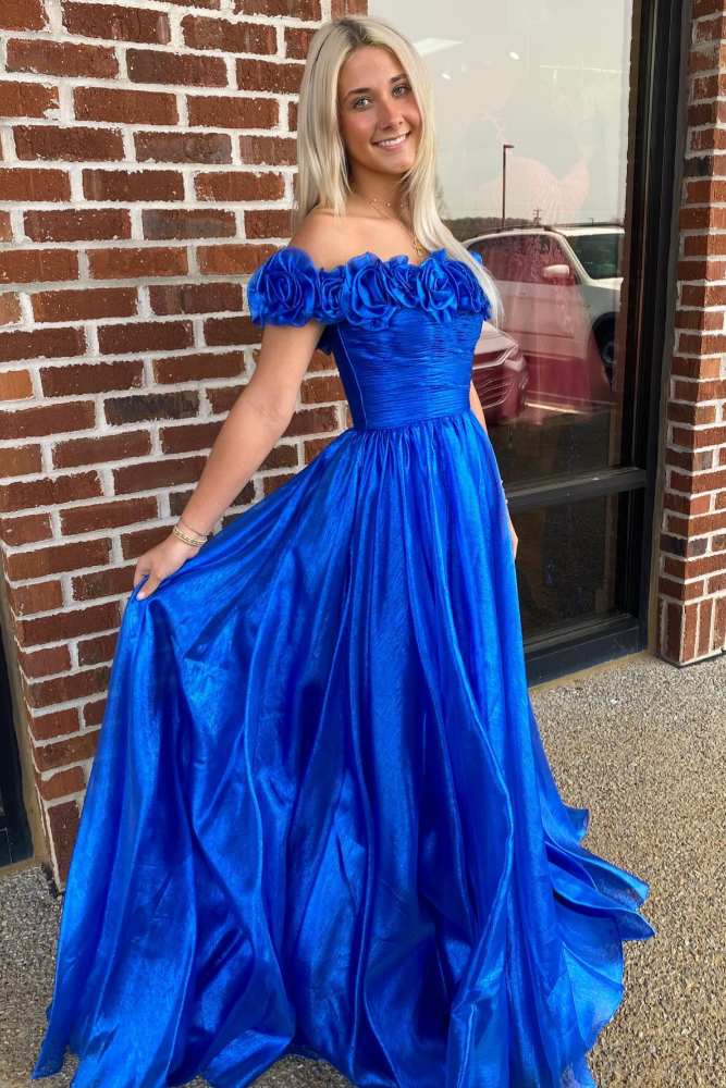 Blue Off the Shoulder 3D Floral A-Line Long Prom Dress front full image with model