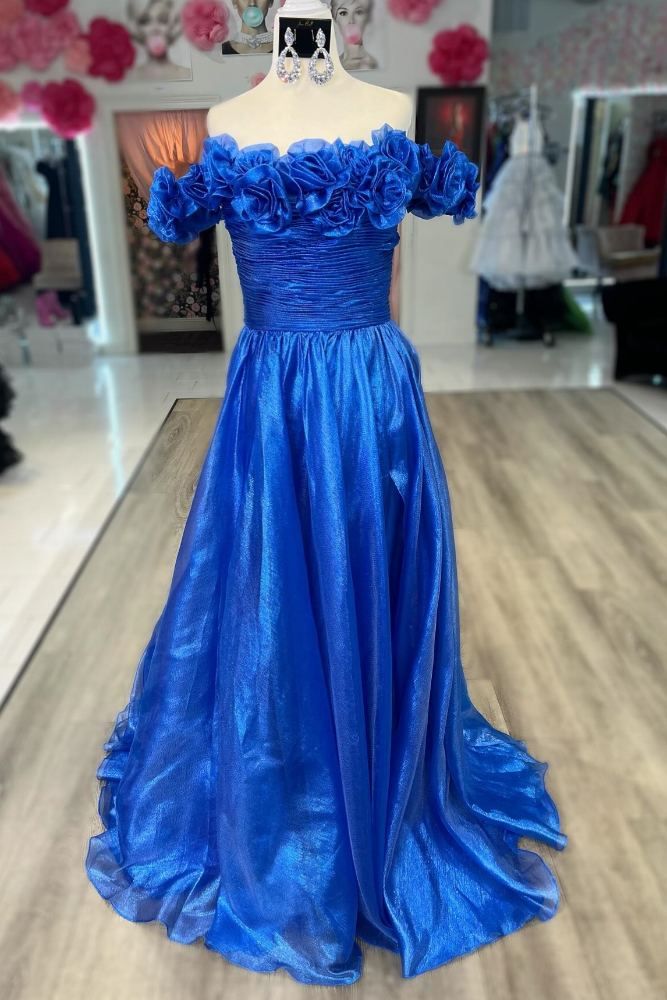 Blue Off the Shoulder 3D Floral A-Line Long Prom Dress front image full in doll