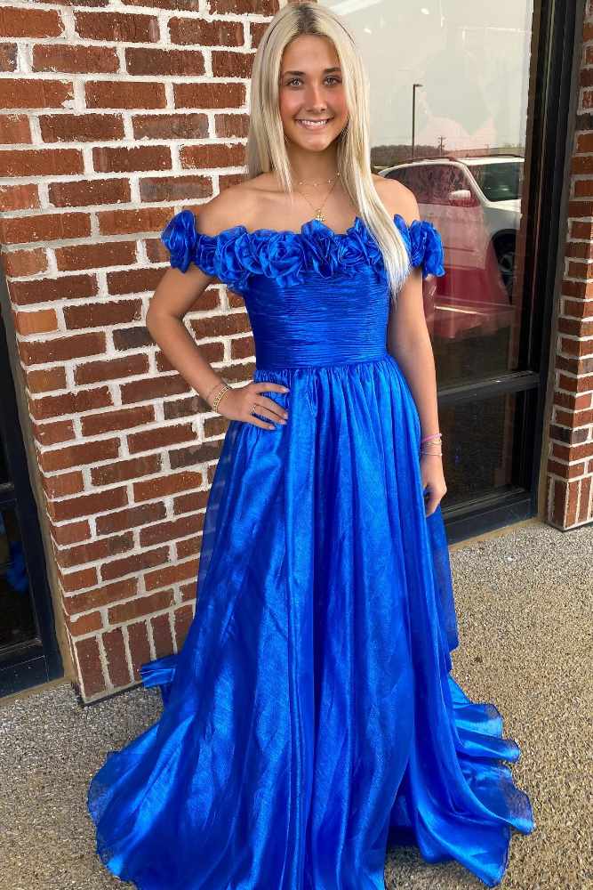Blue Off the Shoulder 3D Floral A-Line Long Prom Dress front side full