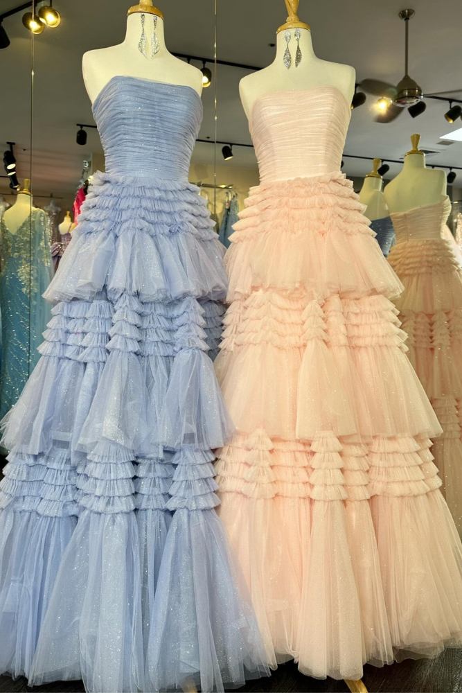 Blue Strapless Layers A-line Tulle Long Prom Dress full shot 