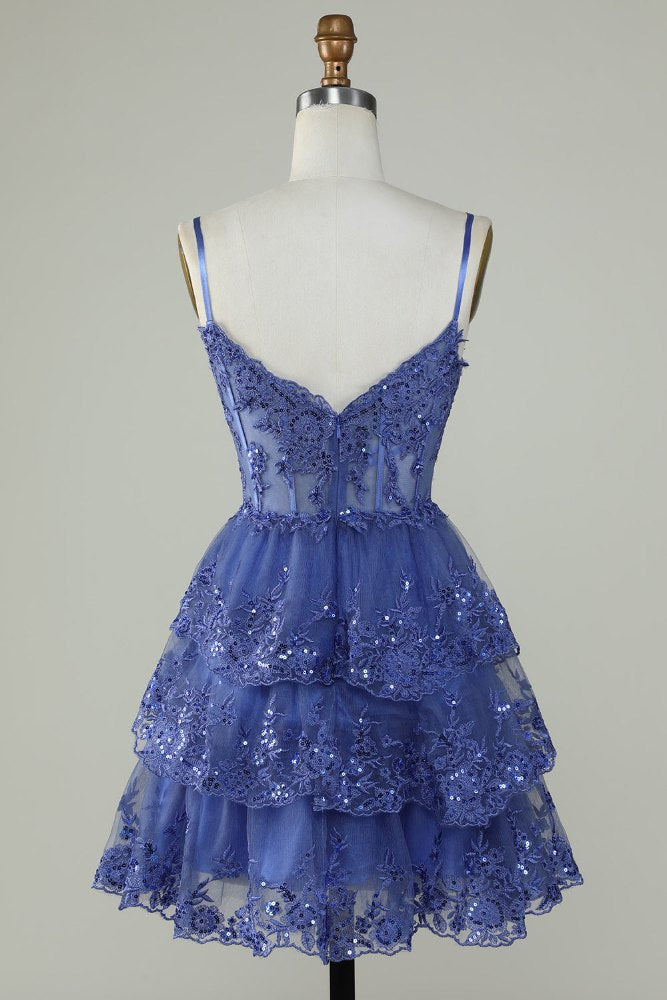 Blue Straps A-Line Applique Tulle Homecoming Dress blue color full shot