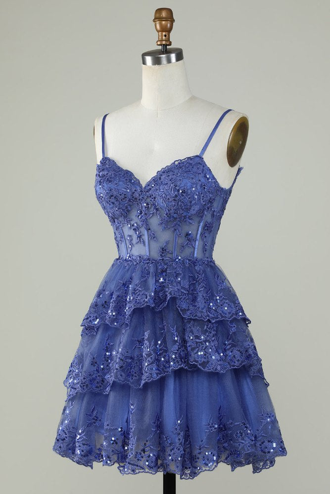 Straps Tulle Sequin A-Line Homecoming dress with Ruffle Skirt main image 0