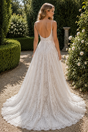 Boat Sleeveless Lace A-Line Open Back Wedding Dress With Train 