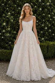 Boat Sleeveless Lace A-Line Open Back Wedding Dress With Train 