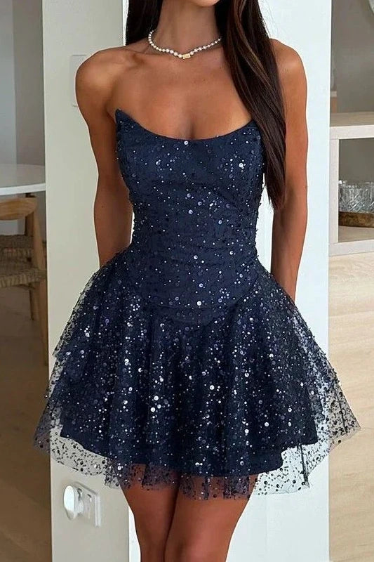 Boat Strapless A-Line Navy Blue Sequin Mini Homecoming Dress