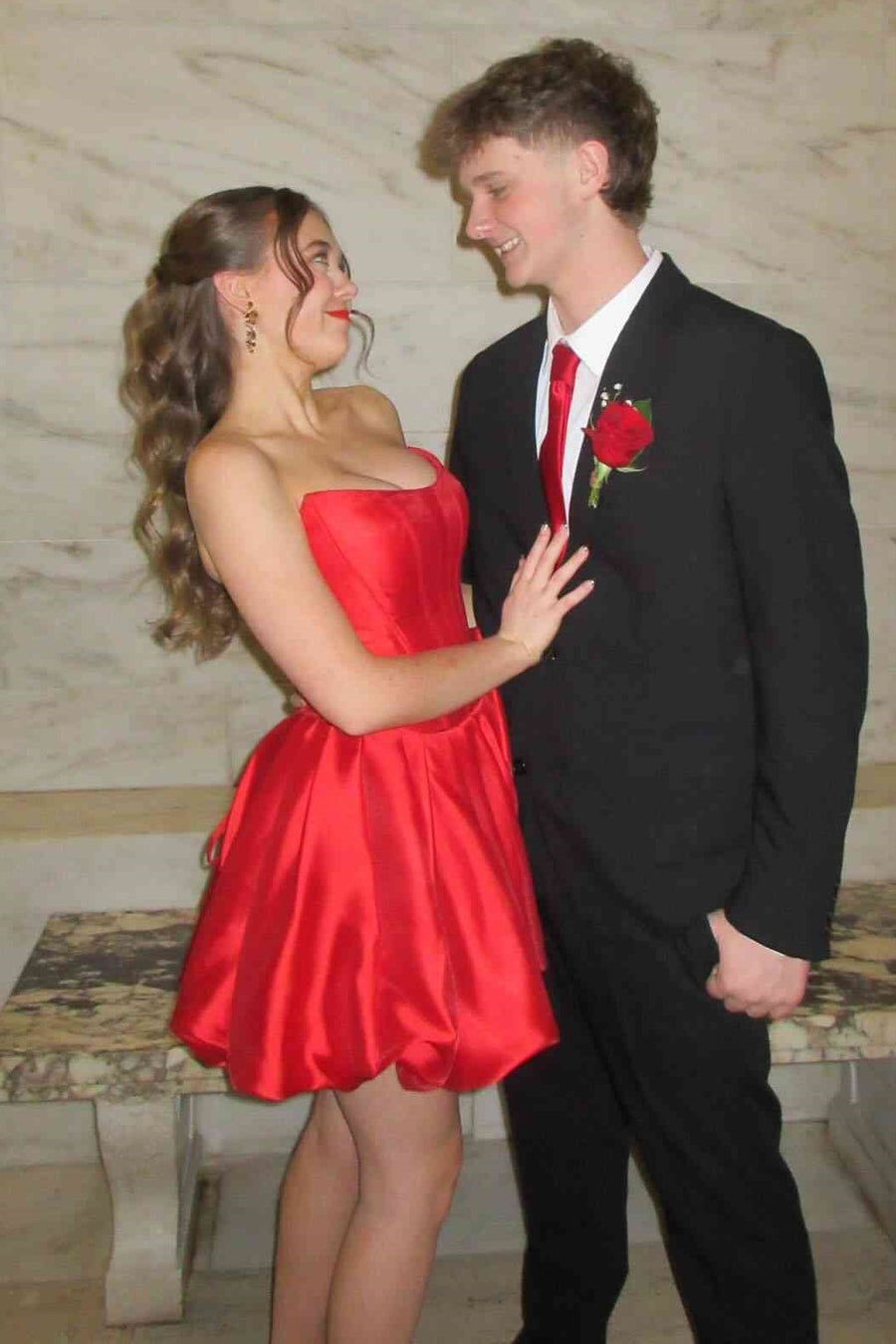 Boat Strapless A-Line Satin Empire Floral Mini Homecoming Dress