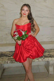 Boat Strapless A-Line Satin Empire Floral Mini Homecoming Dress