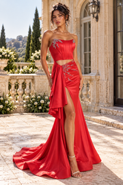 Boat Strapless Beaded Appliques Ruffle Satin Mermaid Party Prom Dress