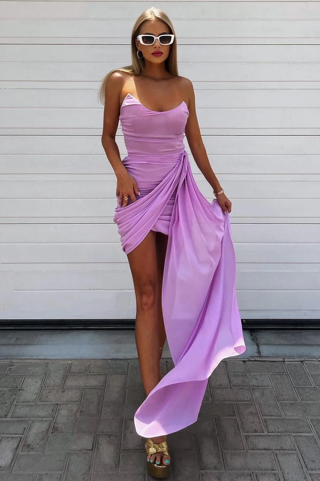 Boat Strapless Fitted Empire Purple Homecoming Dress With Chiffon Train