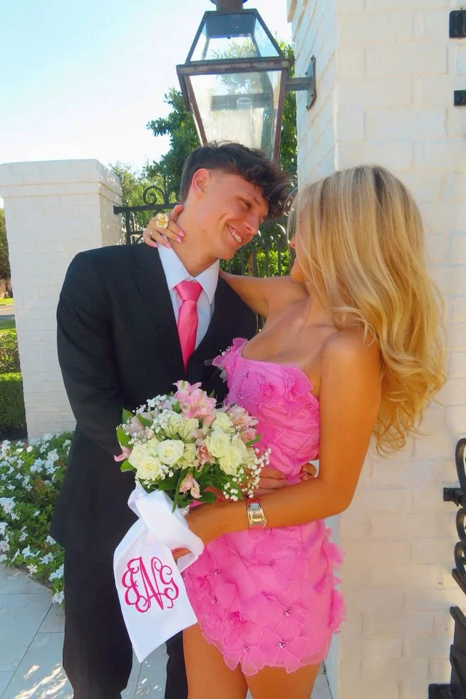 Boat Strapless Floral Appliques Pink Bodycon Homecoming Dress