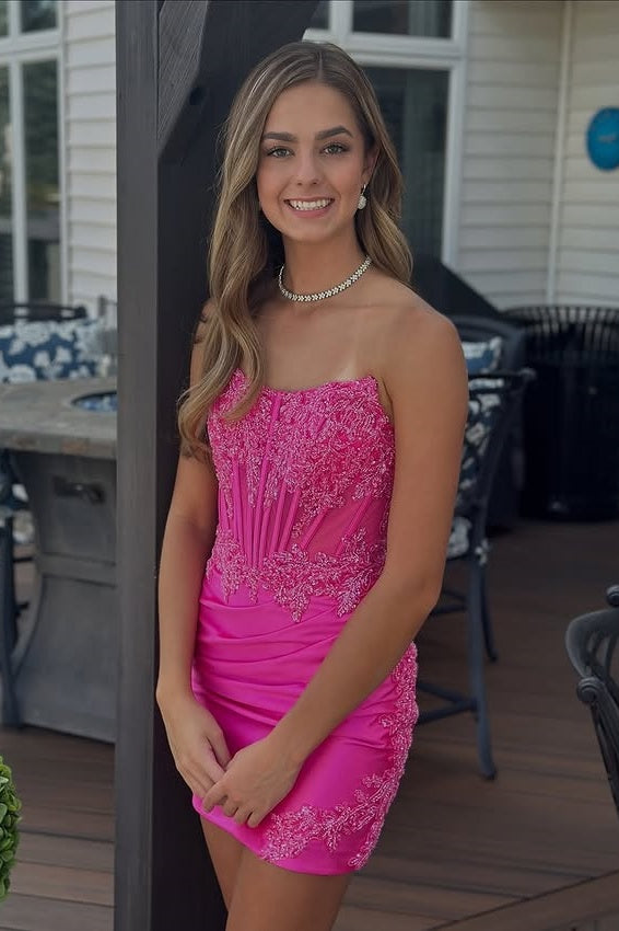 Boat Strapless Lace Appliques Satin Fitted Mini Homecoming Dress