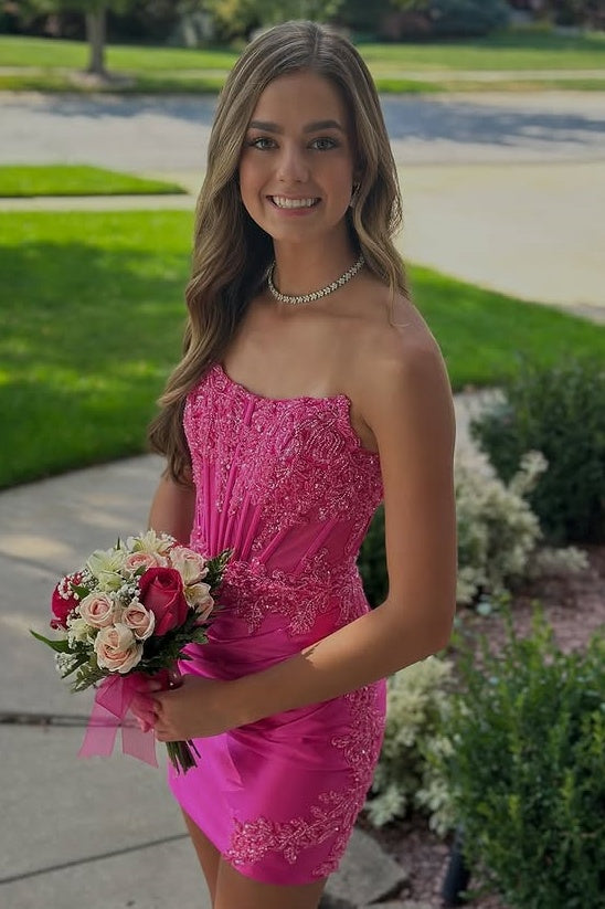 Boat Strapless Lace Appliques Satin Fitted Mini Homecoming Dress