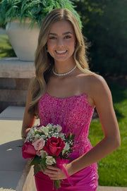 Boat Strapless Lace Appliques Satin Fitted Mini Homecoming Dress