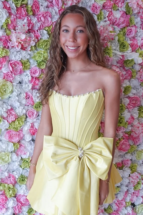 Boat Strapless Satin A-Line Empire Croset Short Homecoming Dress