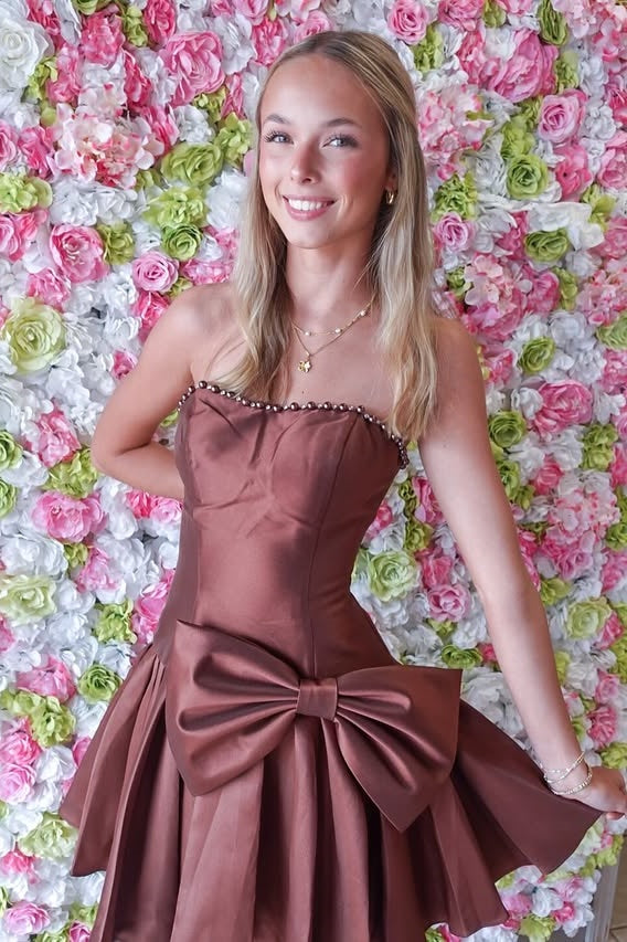 Boat Strapless Satin A-Line Empire Croset Short Homecoming Dress