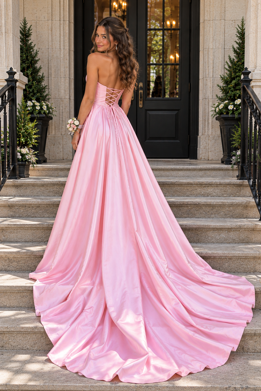 Boat Strapless Satin And Lace Mermaid Party Prom Dress With Train