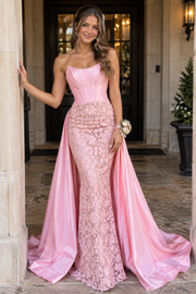 Boat Strapless Satin And Lace Mermaid Party Prom Dress With Train