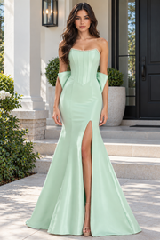 Boat Strapless With Pearl Mermaid Satin Party Prom Dress With Bow