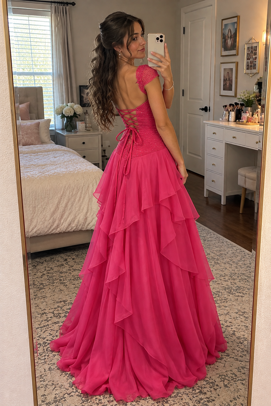 Boat Straps Sequin And Chiffon Tiered A-Line Evening Party Prom Dress