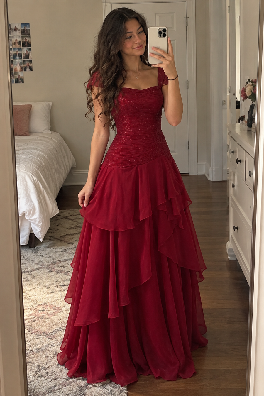 Boat Straps Sequin And Chiffon Tiered A-Line Evening Party Prom Dress